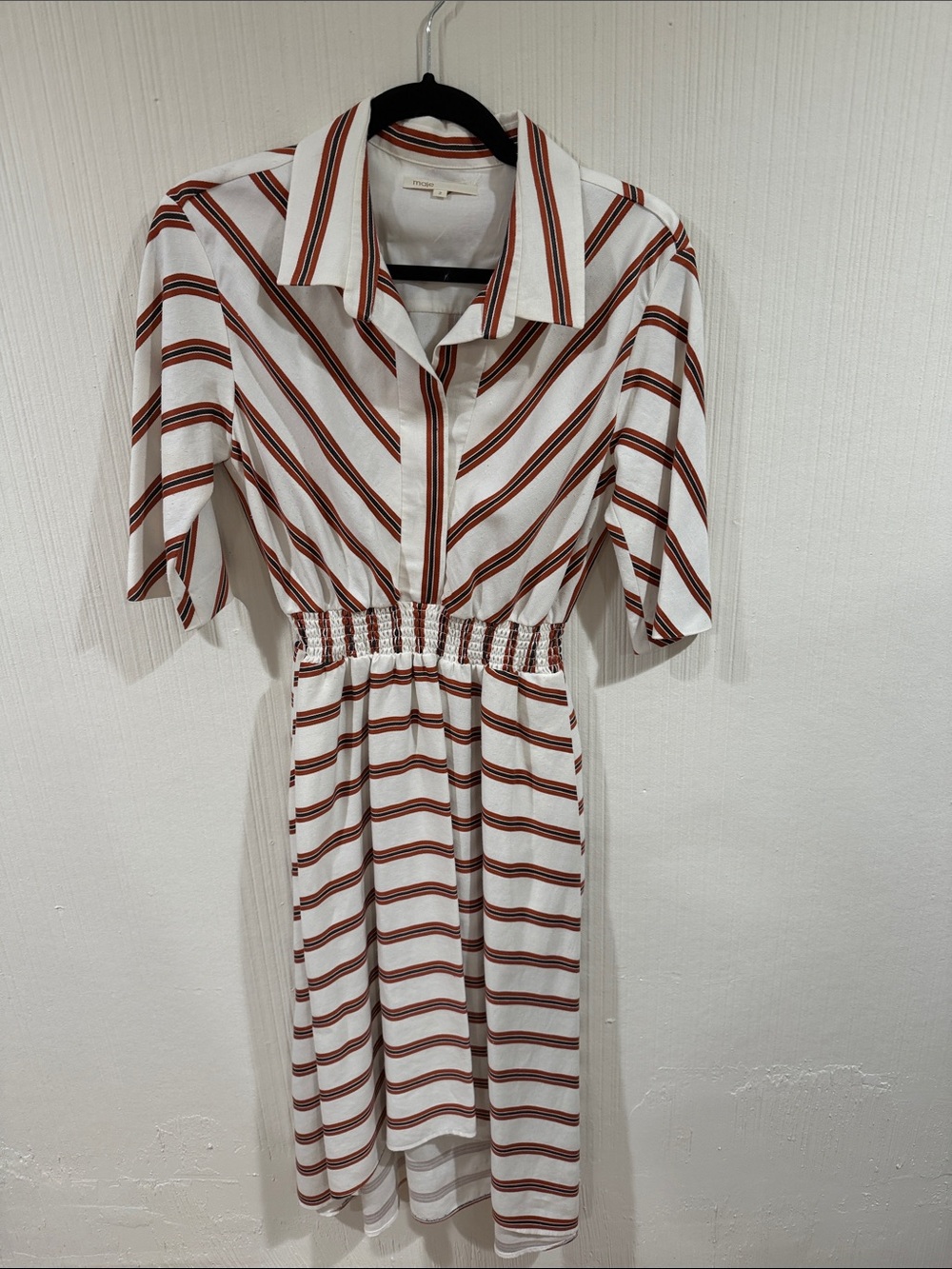 Maje White and Rust-Striped Midi Shirt Dress